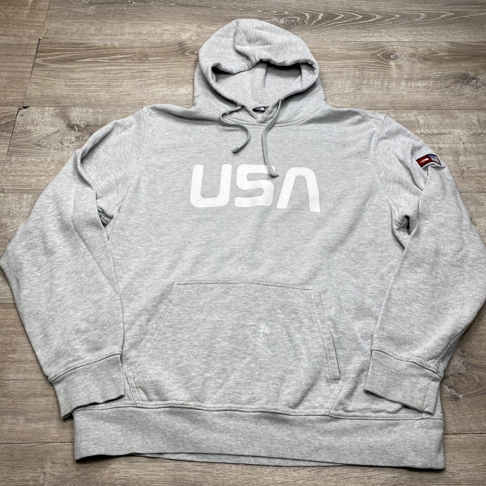 The North Face Hoodie Mens XL Gray USA Graphic Flag Patch Fleece Pullover